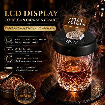 Electric Whiskey Smoker Kit, Torch-Free Rechargeable Cocktail Smoker with 7 Color Lights, All-in-1 Gift Set with 2 Wooden Whiskey Glasses, 10 Wood Chips, Ice Molds & Steel Cubes for Men, Dad