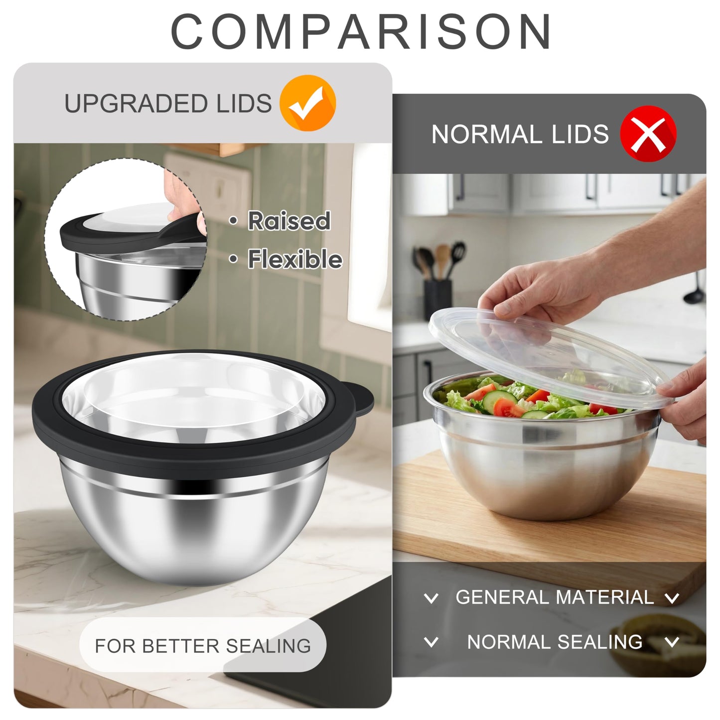 HaWare Mixing Bowls with Airtight Clear Lids, 6-Piece Stainless Steel Strong Nesting Bowls Set, Metal Salad Bowl for Cooking, Prepping, Baking, Serving & Food Storage, Size 4.6, 3, 1.5QT, Black