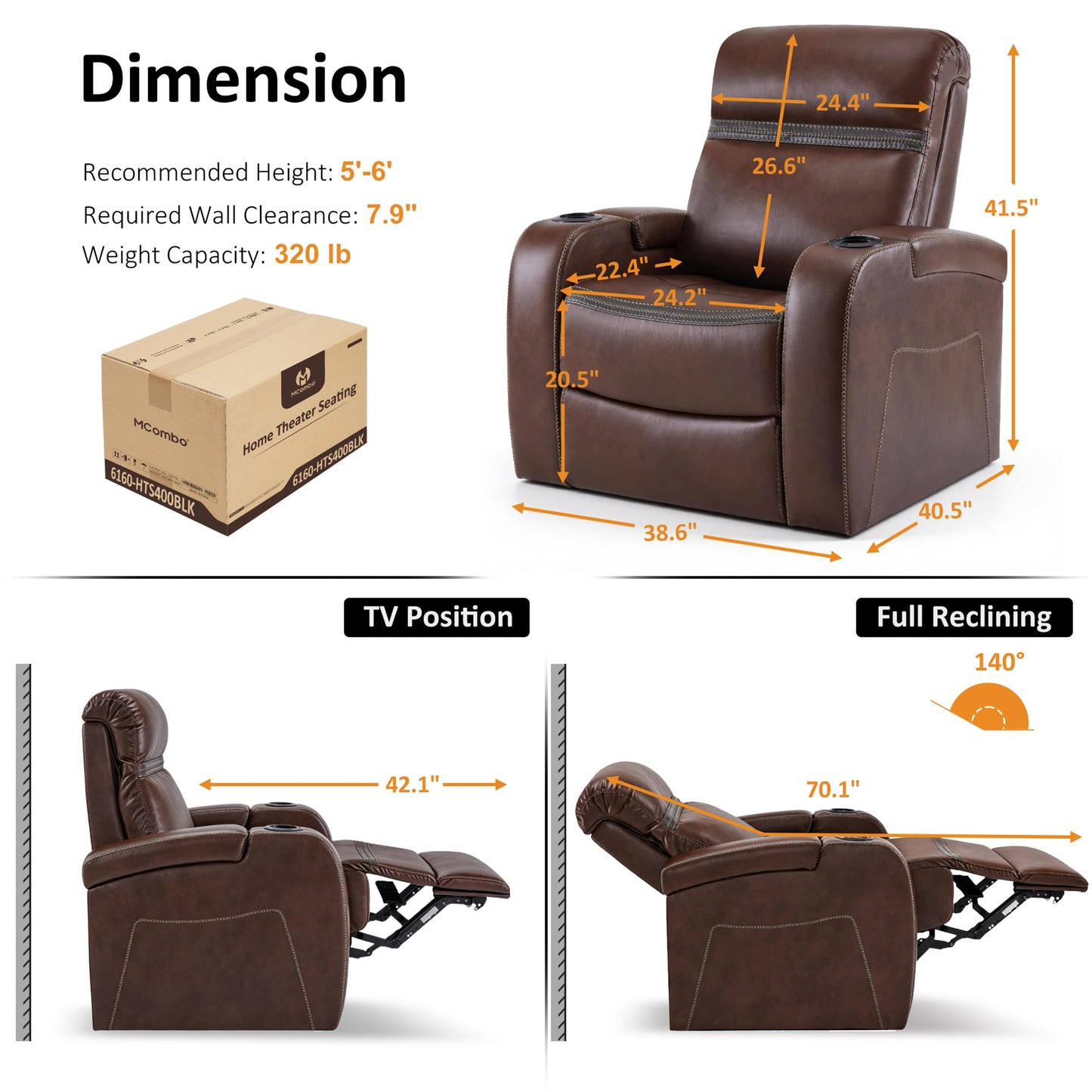 MCombo Power Recliner Chairs, Leather Recliner Chair for Adults, Home Theater Seating with Adjustable Headrest, USB Ports, LED Light & Armrest Storage, Recliners for Living Room HTS400 (Light Brown)
