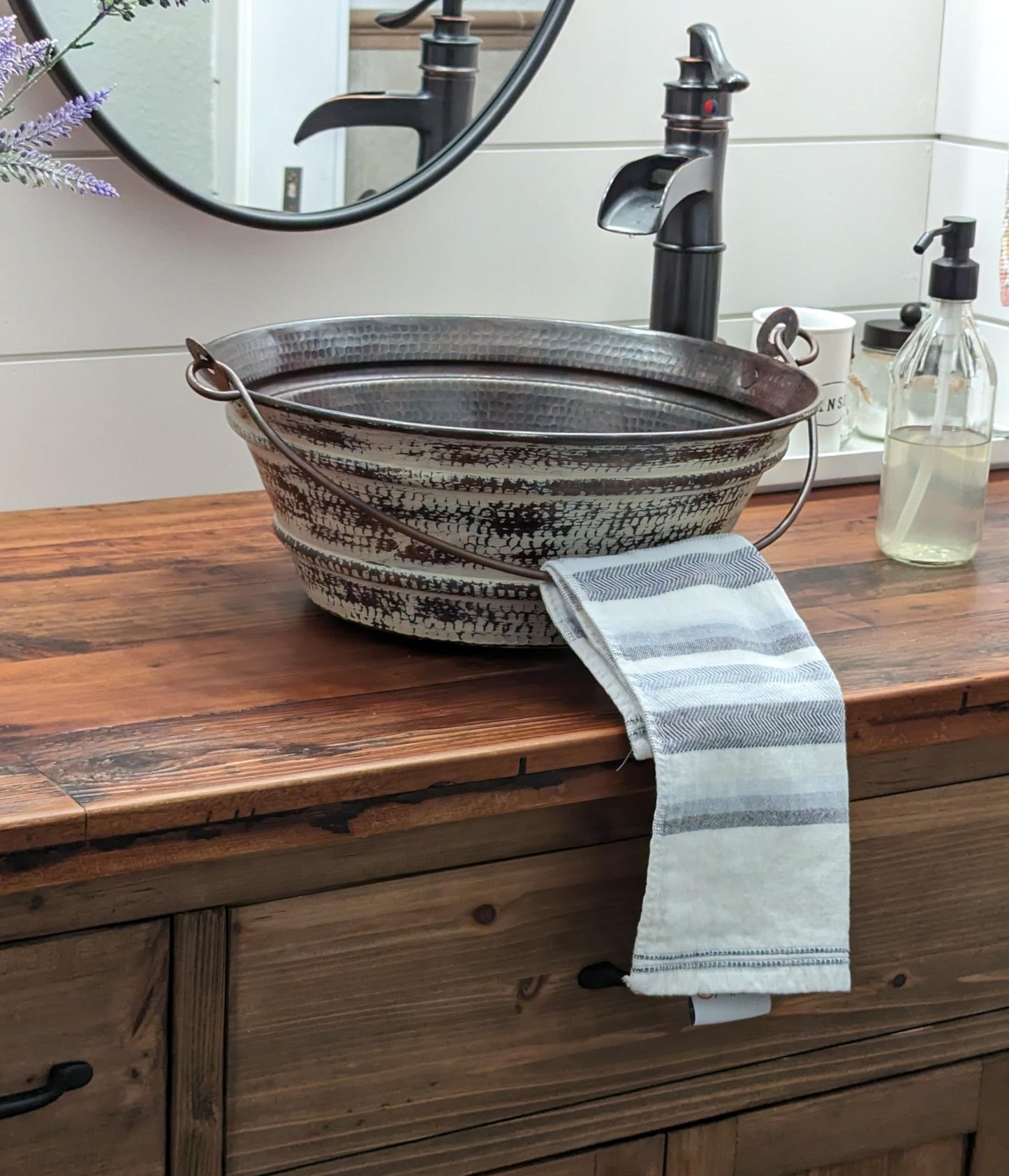 Simply Copper 15" Round Cottage Chic Copper Vessel BUCKET Bathroom Sink with Distressed Antique White Exterior