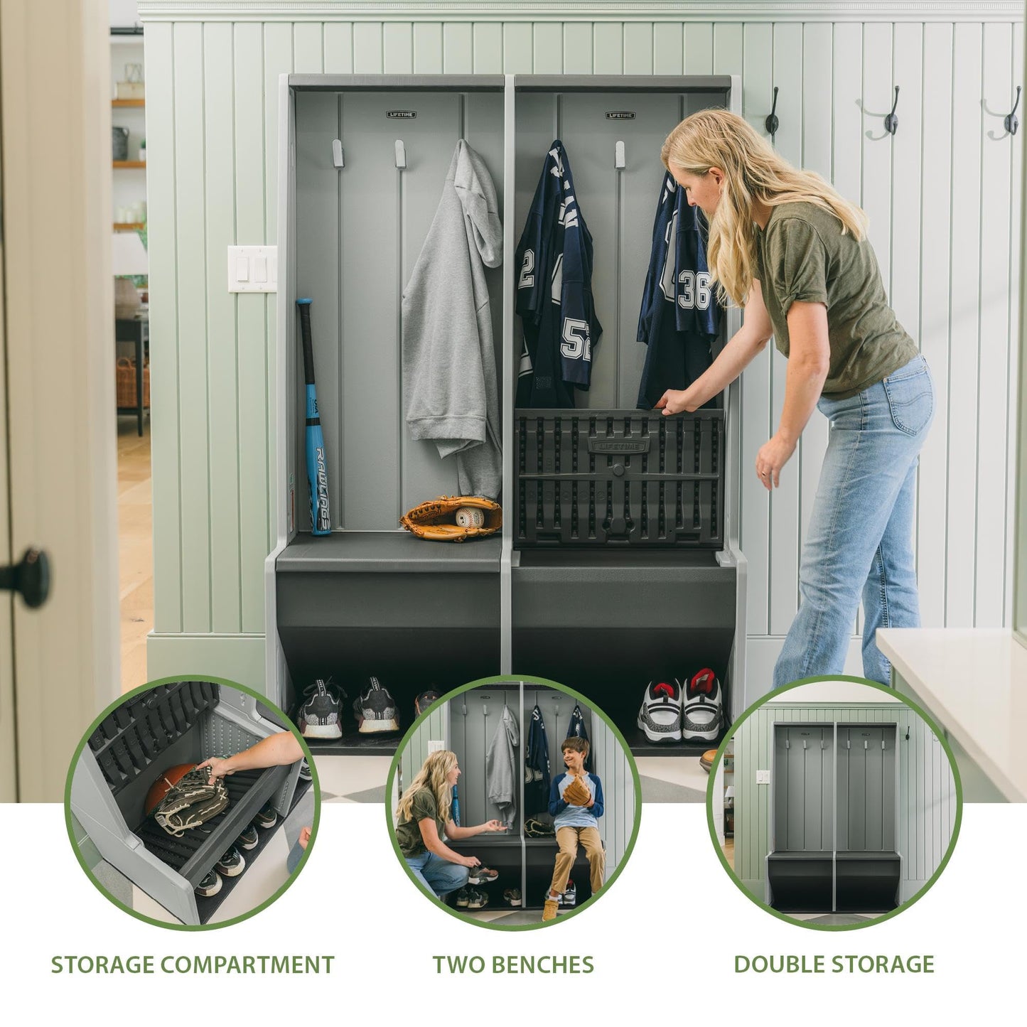 LIFETIME Storage Locker, Freestanding Cabinet with Benches & Shoe Cubbies, Organizer with Metal Hooks, UV‑Protected Weather‑Resistant