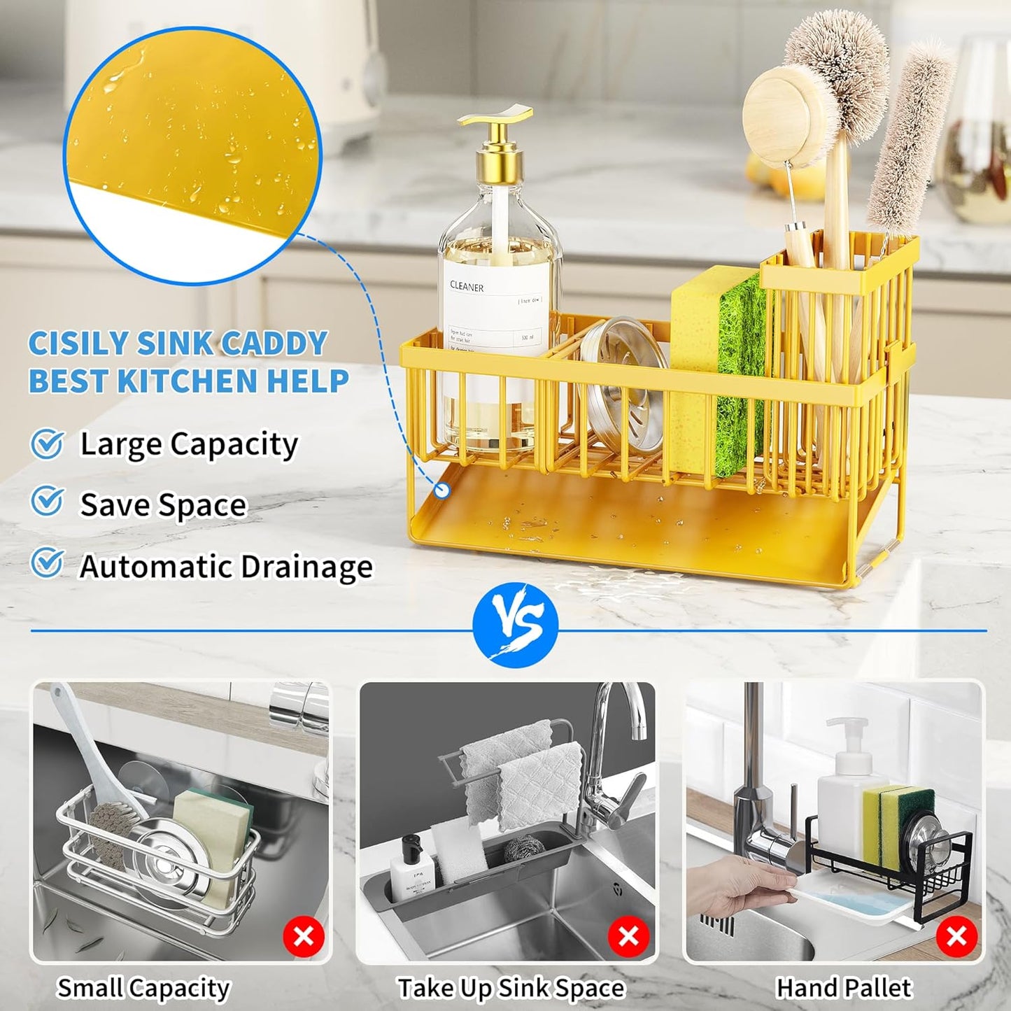 304 Countertop Cisily Lemon Yellow Sink Caddy Organzier with High Brush Holder, Sponge Holder for Sink, Rustproof
