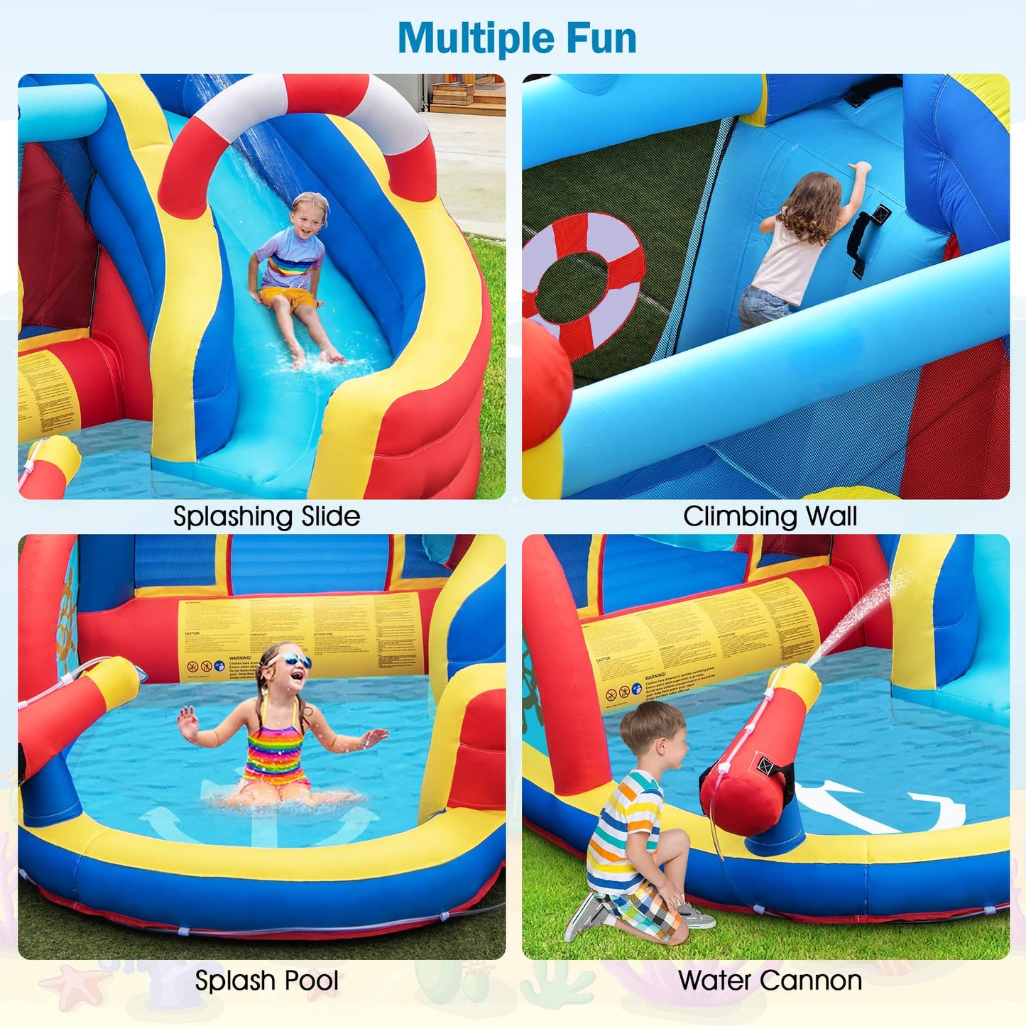 OLAKIDS Inflatable Water Slides, Nautical Themed Bouncy House with Slide, Splash Pool, Climbing Wall, Water Gun, Outdoor Jumping Castle with Hose, Carry Bag, Repairing Kit, Stakes