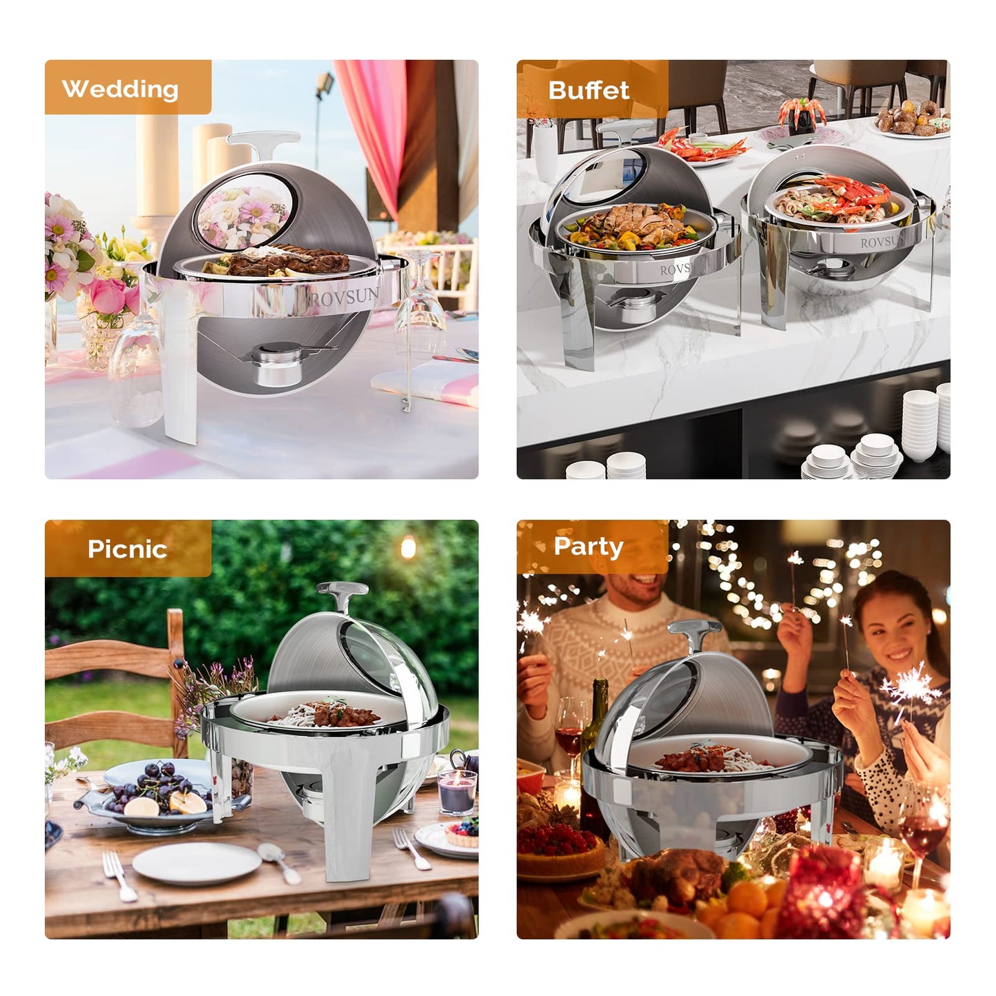 ROVSUN Roll Top Chafing Dish Buffet Set,6 QT Round Stainless Steel Chafer for Catering,Buffet Servers and Warmers Set with Glass Window for Weddings Party