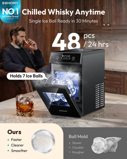 EUHOMY 2.4" Ice Ball Maker Countertop, 2Pcs Ready in 60Mins, 48Pcs/Day, 8H Timer, Self-Cleaning Sphere Ice Maker Machine with Crystal Clear Ice, Round Ice Cube Maker for Whiskey & Bourbon