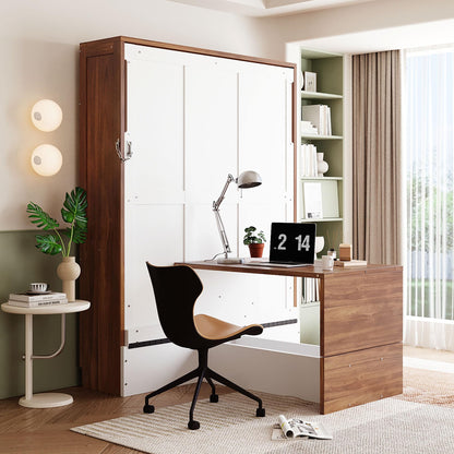 Merax Full Size Murphy Bed with Foldable Desk,Space Saving Wall Bed,Solid Wood Foldable Hidden Platform Bedframe for Home,Bedroom,Office,Small Room,Apartment,Walnut+White