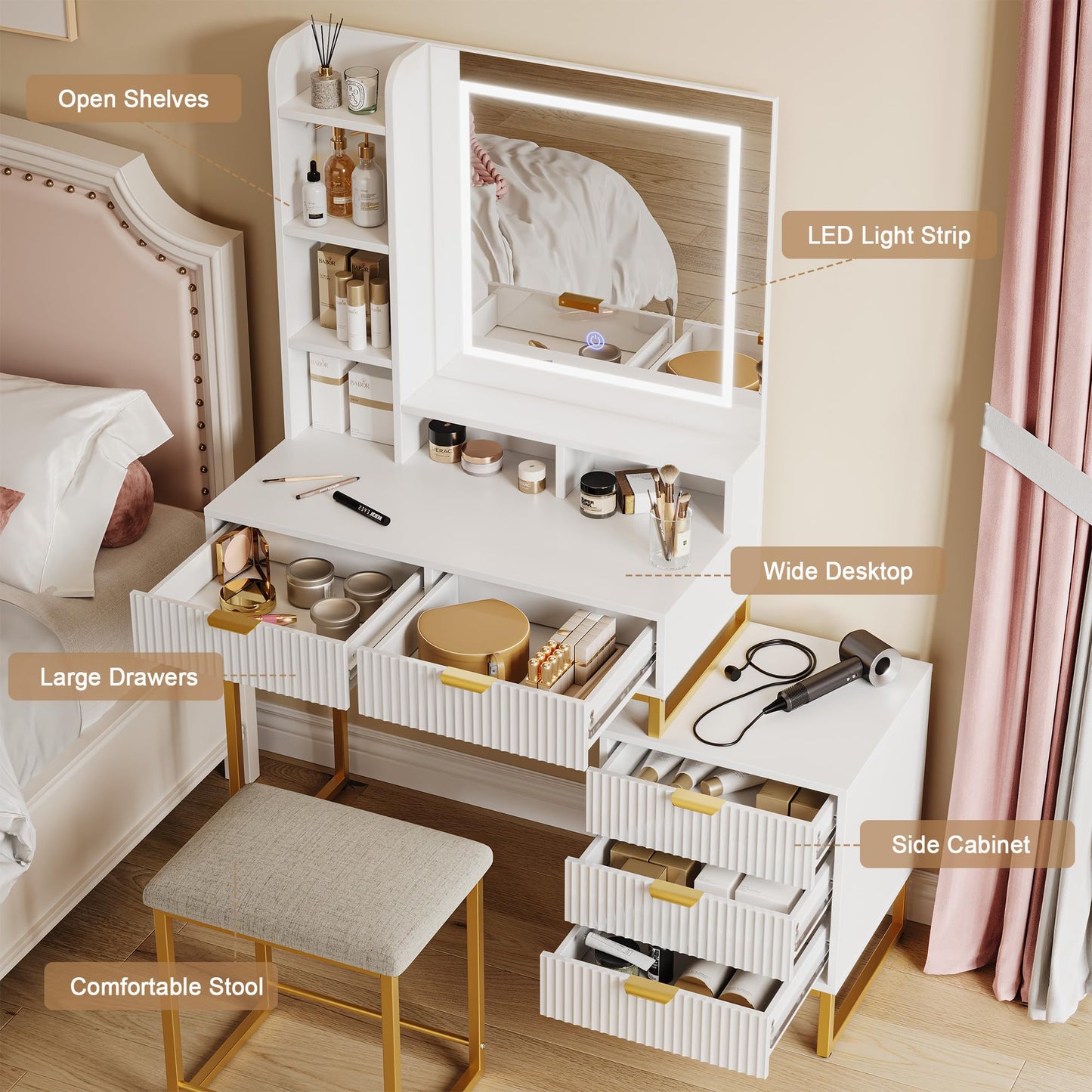 GAOMON Modern LED Makeup Vanity Desk with Mirror – 5 Drawers, Removable Side Cabinet, Cushioned Stool, Adjustable Lights – Bedroom Dressing Table for Girls & Women – Gold Iron + White Plate + Gold