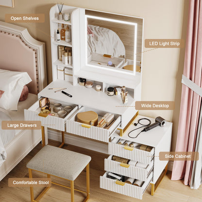 GAOMON Modern LED Makeup Vanity Desk with Mirror – 5 Drawers, Removable Side Cabinet, Cushioned Stool, Adjustable Lights – Bedroom Dressing Table for Girls & Women – Gold Iron + White Plate + Gold