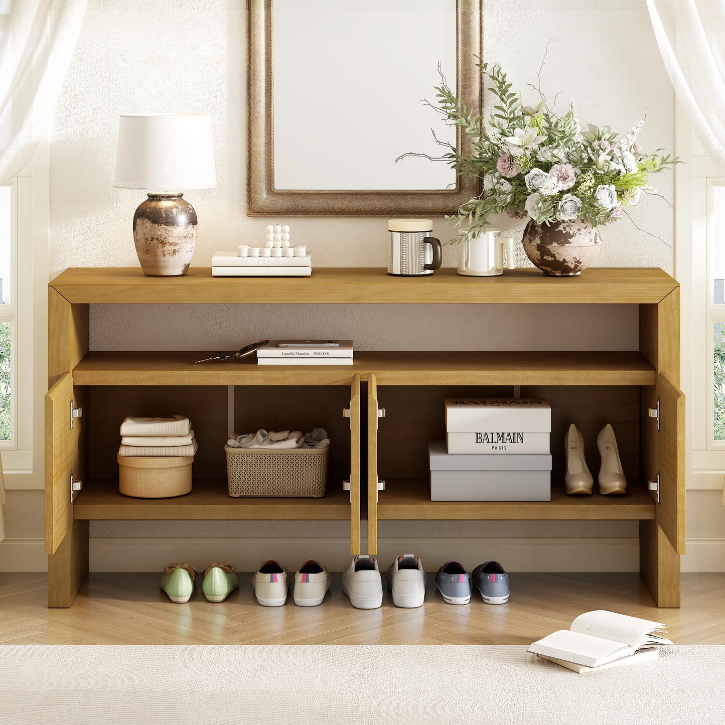 GDFStudio 60" Modern Buffet Cabinet with 4 Doors and Open Shelf, Solid Wood Veneer Sideboard Cabinet Credenza Storage Console Table for Kitchen Dining Room Living Room Entryway Coffee Bar, Natural