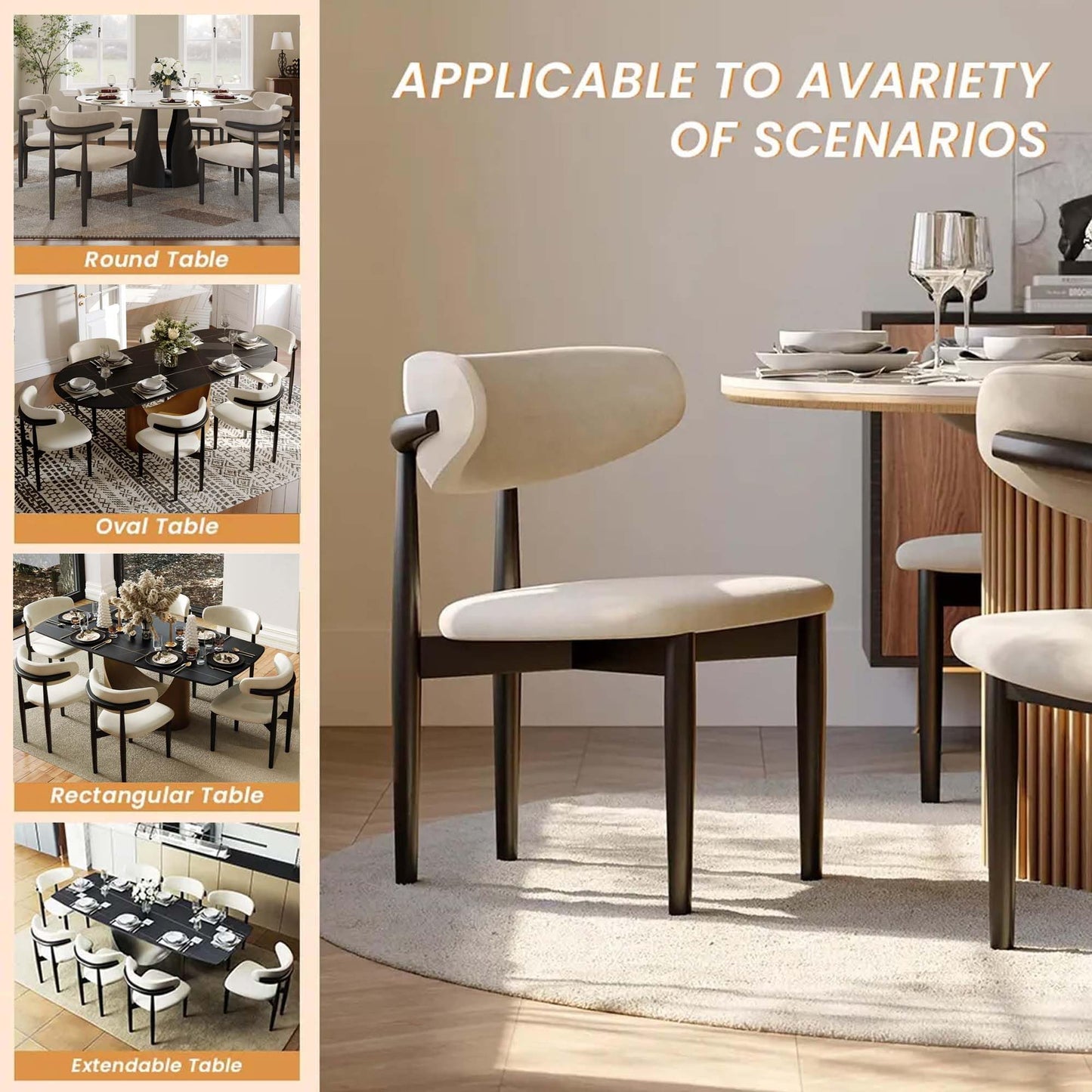 POVISON Modern Dining Chairs Set of 2, Armless Black Dining Chair with Sackcloth Cushions and Dark Walnut-Coloured Ash Wood, Pre-Assembled Design