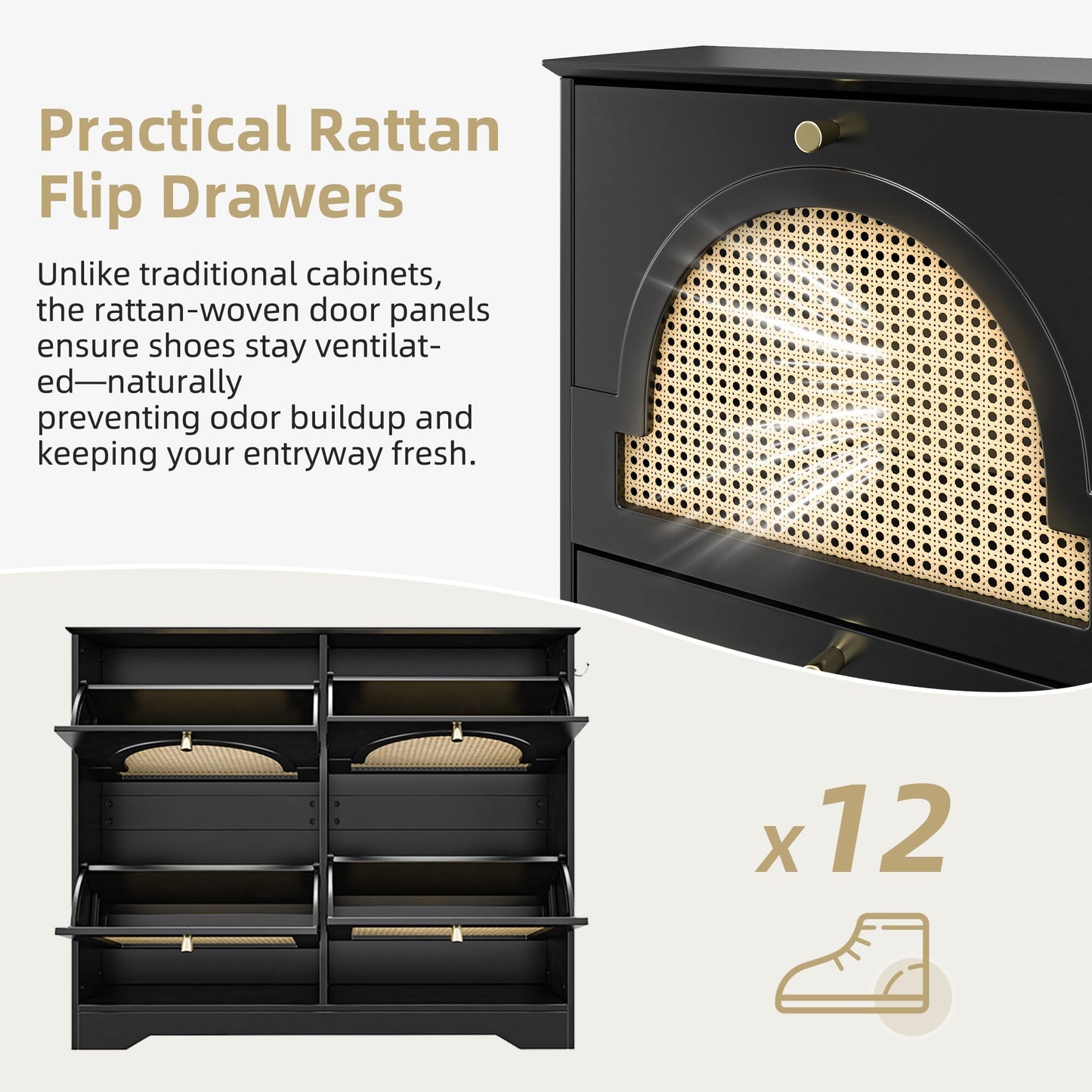 Merax Shoe Cabinet Storage with 4 Flip Drawers, Free Standing Shoes Organizer with 4 Rattan Doors for Entryway, Narrow Tipping Bucket Rack, with 2 Hooks, Black