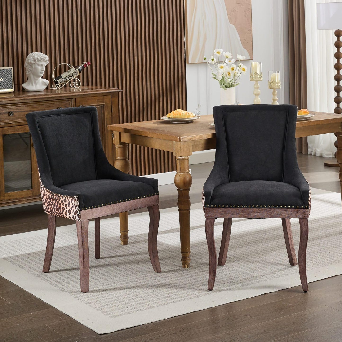 Upholstered Dining Chairs Set of 2,Mid Century Modern Dining Room Chairs with Solid Wood Frame Bronze Nail Head,Armless Accent Chair for Living Room Kitchen Restaurant 36.4" H Leopard