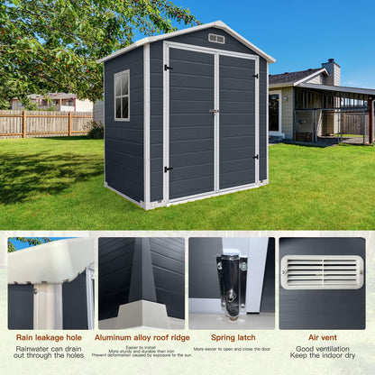 YOPTO 6x4 FT Storage Shed,Plastic Outdoor Storage Shed with Floor and Lockable Door,Waterproof Garden Shed W/Windows & Vents,Sloped Roof,Tool House for Storing Bicycles,Lawnmowers,Cold Grey