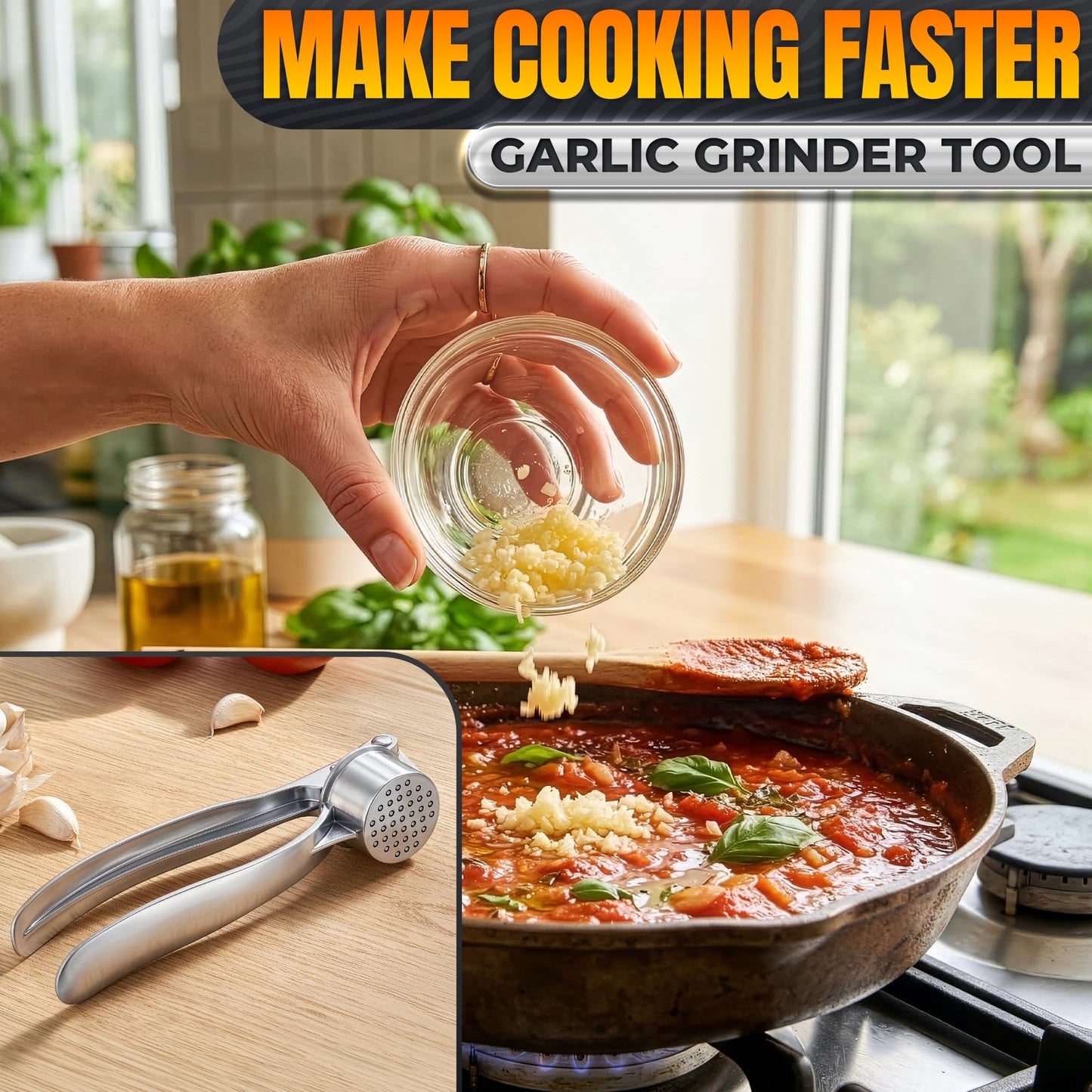 Stainless Steel Garlic Press - Ginger Mincer with 37 Built-In Studs for Maximum Extraction, for Garlic, Ginger and Soft Nuts - Ergonomic Handle, Dishwasher Safe and Rust-Resistant, No Peel Needed