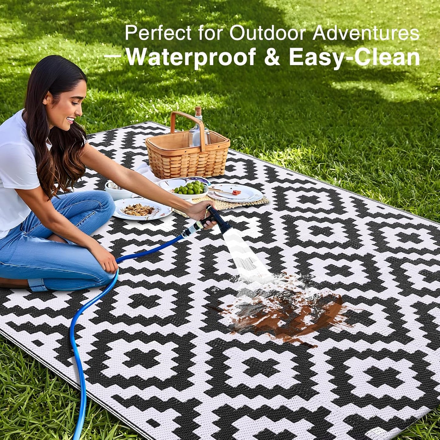 OLANLY Waterproof Outdoor Rug - Versatile 5x8 ft Plastic Straw Mat for Camping & Patio | Black & White
