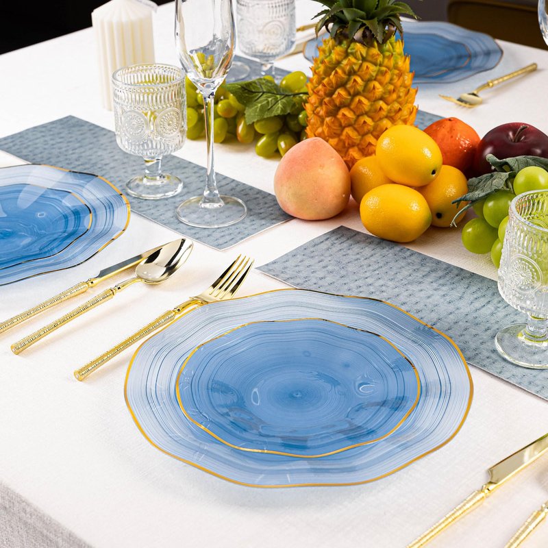 Pryntono 120PCS Blue Plastic Plates with Gold Rim, Heavy Duty Disposable Plates, Elegant and Fancy 60 Dinner and 60 Dessert Plates for Party and Wedding