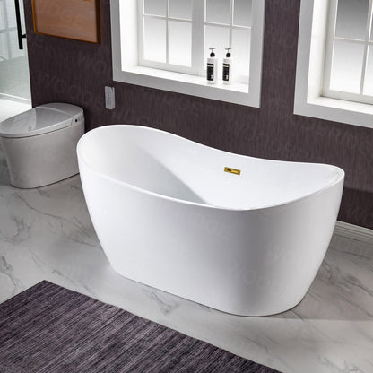 WOODBRIDGE 59" Acrylic Freestanding Bathtub Contemporary Soaking White Tub with Brushed Gold Overflow and Drain,BTA1516 BG