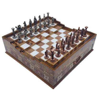 Luxury Handmade Wooden Chess Set with Metal Pieces – Large Walnut & Rosewood Chess Board with Storage Drawers – British Style Chess Pieces for Father’s Day, Birthday, or Christmas