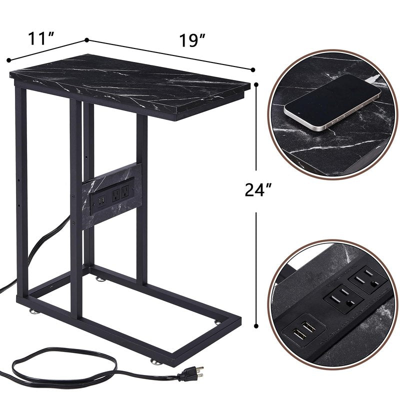 VECELO C-Shaped End Side Table with Charging Station & 2 USB Ports and Outlets for Living Room, Bedroom, with Adjustable Feet for Couch Sofa, Bedside, Small Spaces， Black Marble
