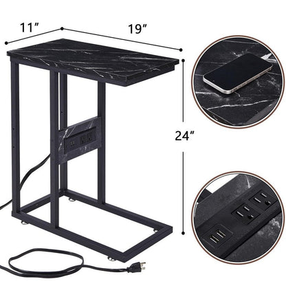 VECELO C-Shaped End Side Table with Charging Station & 2 USB Ports and Outlets for Living Room, Bedroom, with Adjustable Feet for Couch Sofa, Bedside, Small Spaces， Black Marble