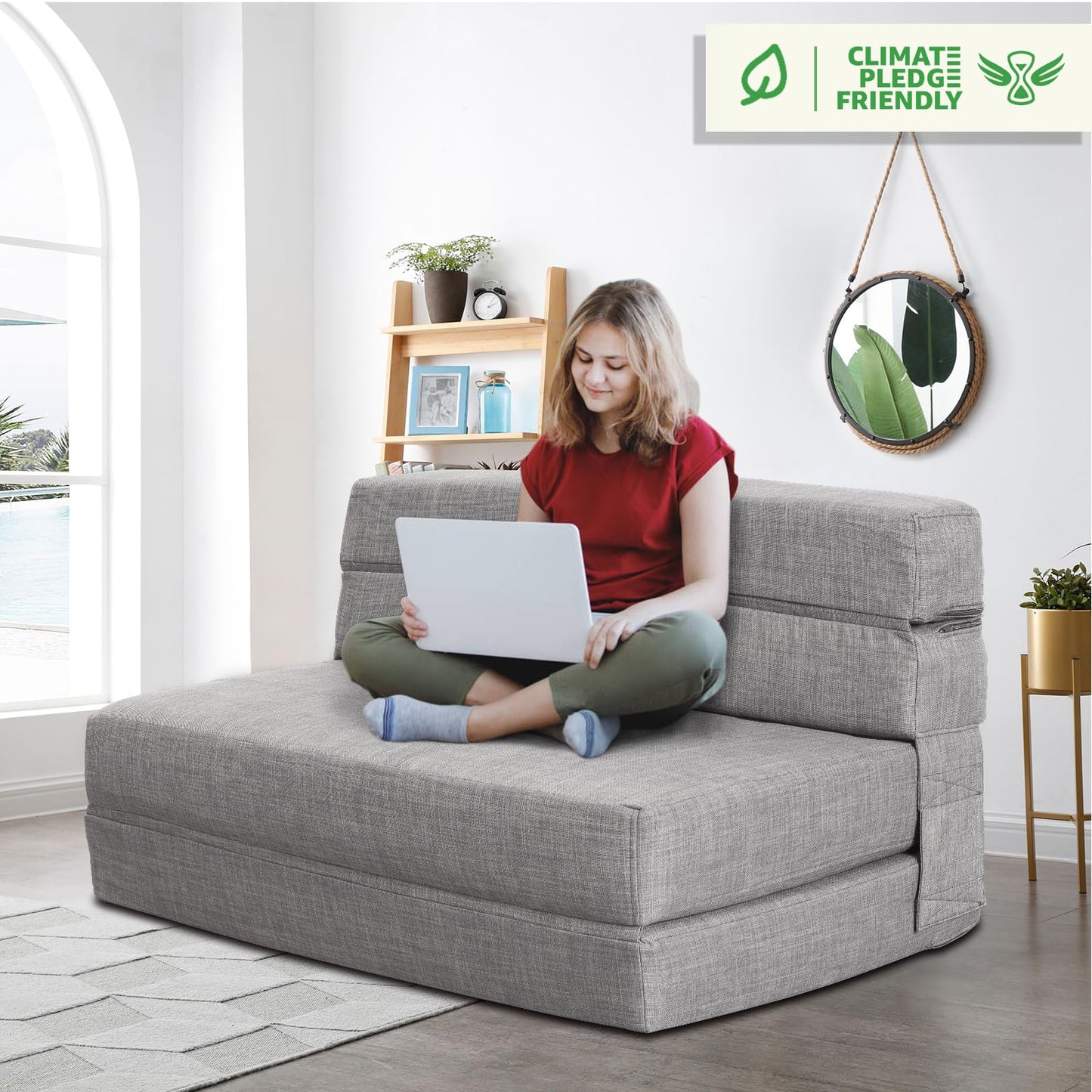 ANONER 60" Folding Sleeper Chair Sofa Bed Lazy Couch with 2 Pillows, Queen Size Memory Foam Washable Cover, Light Gray