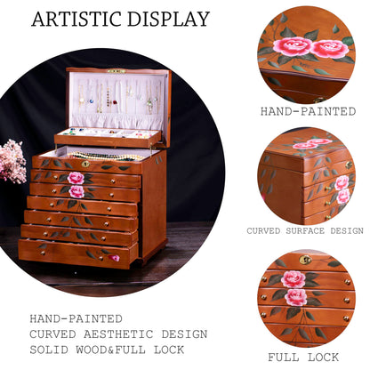 Xloverise Hand-Painted Wooden Jewelry boxes for women,large jewlrey box&organizers for necklace hanger,jewerly organizer,9-layer large capacity jewelry storage box,jewelry cabinet