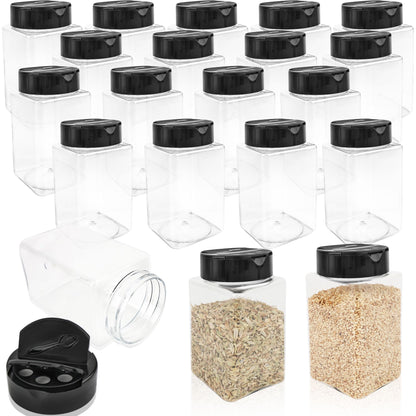 Conagel 20 Pack 9 oz Plastic Spice Jars with Black Cap Clear Empty Square Plastic Spice Bottle Large Empty Seasoning Containers for Storing Spice Seasoning Powders