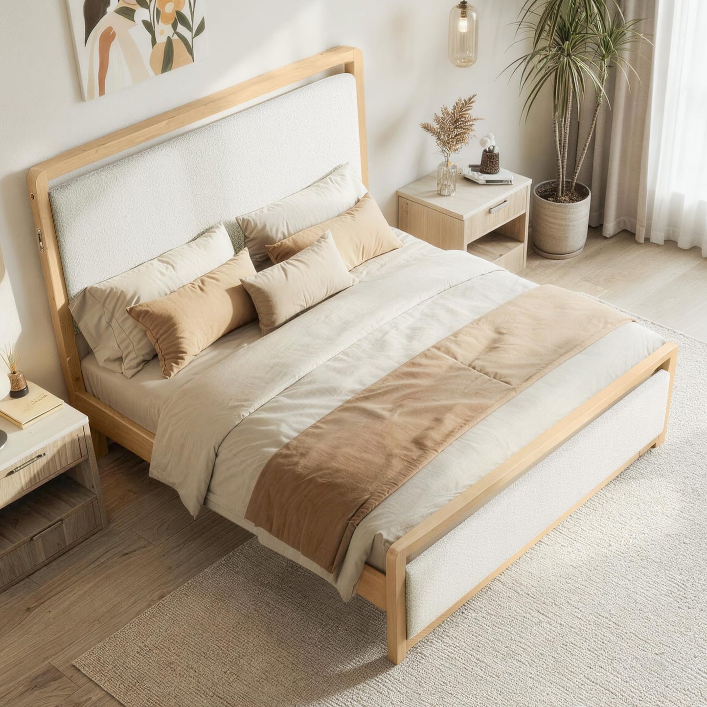 KISLOT Queen Wood Platform Bed Frame with Boucle Upholstered Headboard, Mid-Century Modern Bed with USB Charging Station, Solid Wood Slat Support, Noise-Free, No Box Spring Needed, Natural
