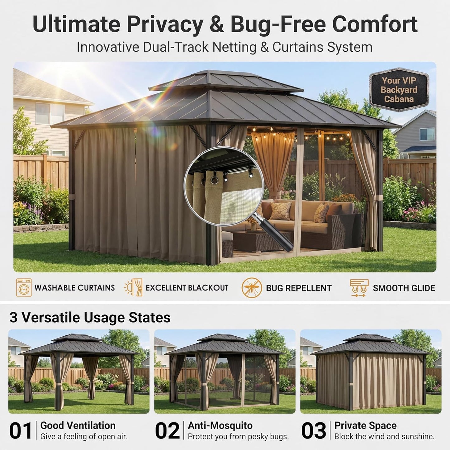 Devoko 10' x 12' Metal Hardtop Gazebo,Aluminum Outdoor Deck Gazebo with Mosquito Netting&Curtains, Permanent Pavilion with Double Roof for Backyard, Garden(Windproof, Snow-Load Bearing, Rustproof)