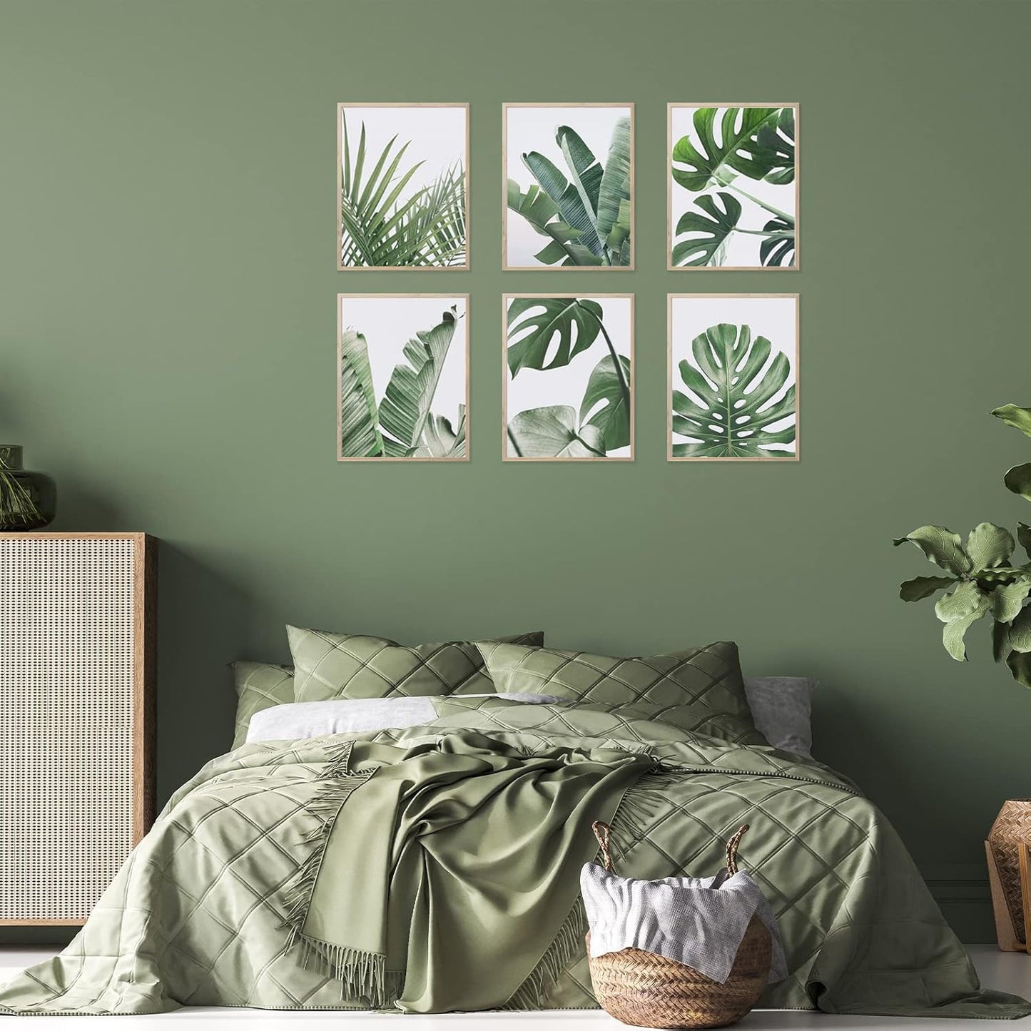 Botanical Wall Art Prints Set of 6, Tropical Leaves Decor Canvas Prints for Wall Decor, Green Wall Art Posters Set for