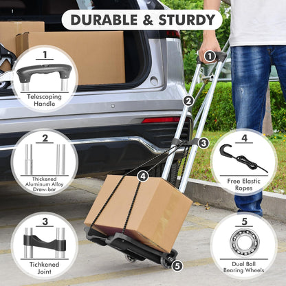 Home-Man Folding Hand Truck, Heavy Duty Luggage Cart, Utility Dolly Platform Cart with 4 Wheels and 2 Elastic Ropes for Luggage, Travel, Moving, Shopping, Office Use (110LB, Black)
