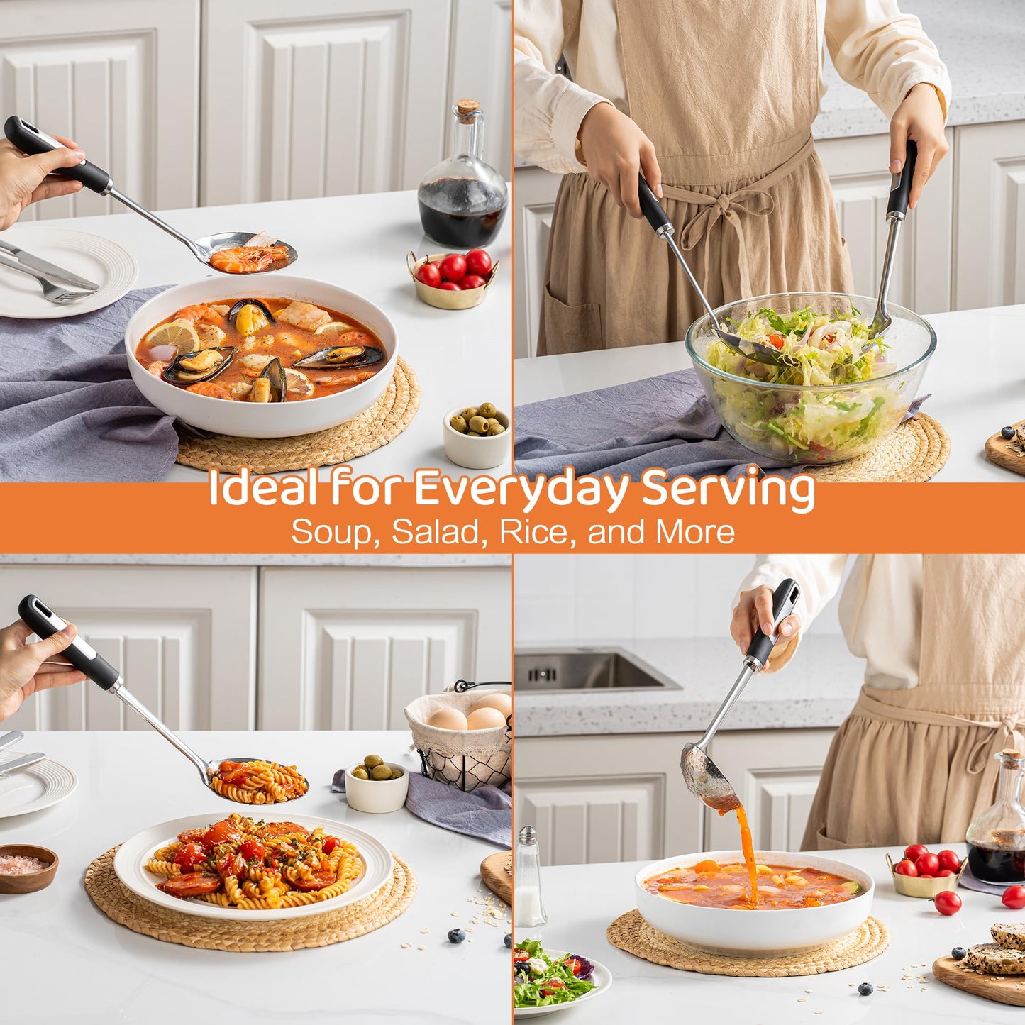 Stainless Steel Cooking Spoons Set, Large Serving Spoons Stainless Steel with Soup Ladle, Solid Spoon & Slotted Spoon, 3-Piece Thickened Metal Cooking Spoon for Kitchen Serving & Cooking