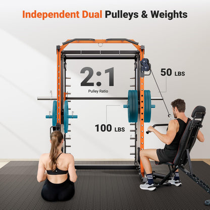 YOLEO Smith Machine with Independent Dual-Pulley System, 1800LBS Adjustable Cable Crossover Squat Rack, Multi-Functional Power Cage for Home Gym with More Workout Equipment LAT Pulldown Bar & Dip Bar