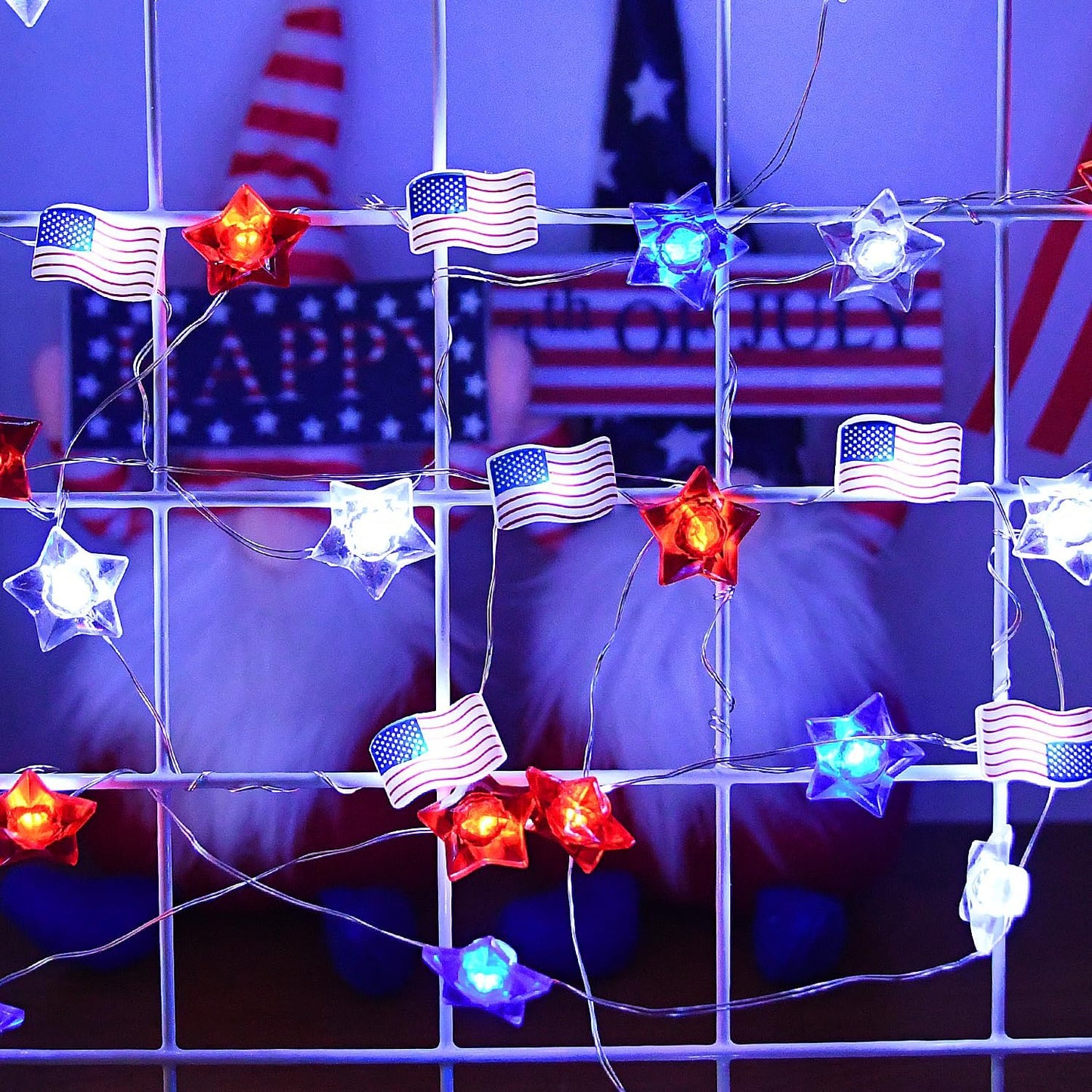 2 100 4th 34Ft 8 PASUTO Pcs LED of July Decorations American Flag & Star Fairy Lights Battery Operated, Mini Red White