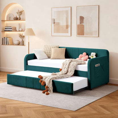 DNYN Twin Size Velvet Daybed Frame with Pop-up Trundle Bed for Bedroom Guest/Living Room, Space-Saving Upholstered Sofabed with USB Port & Side Pocket, No Box Spring Needed