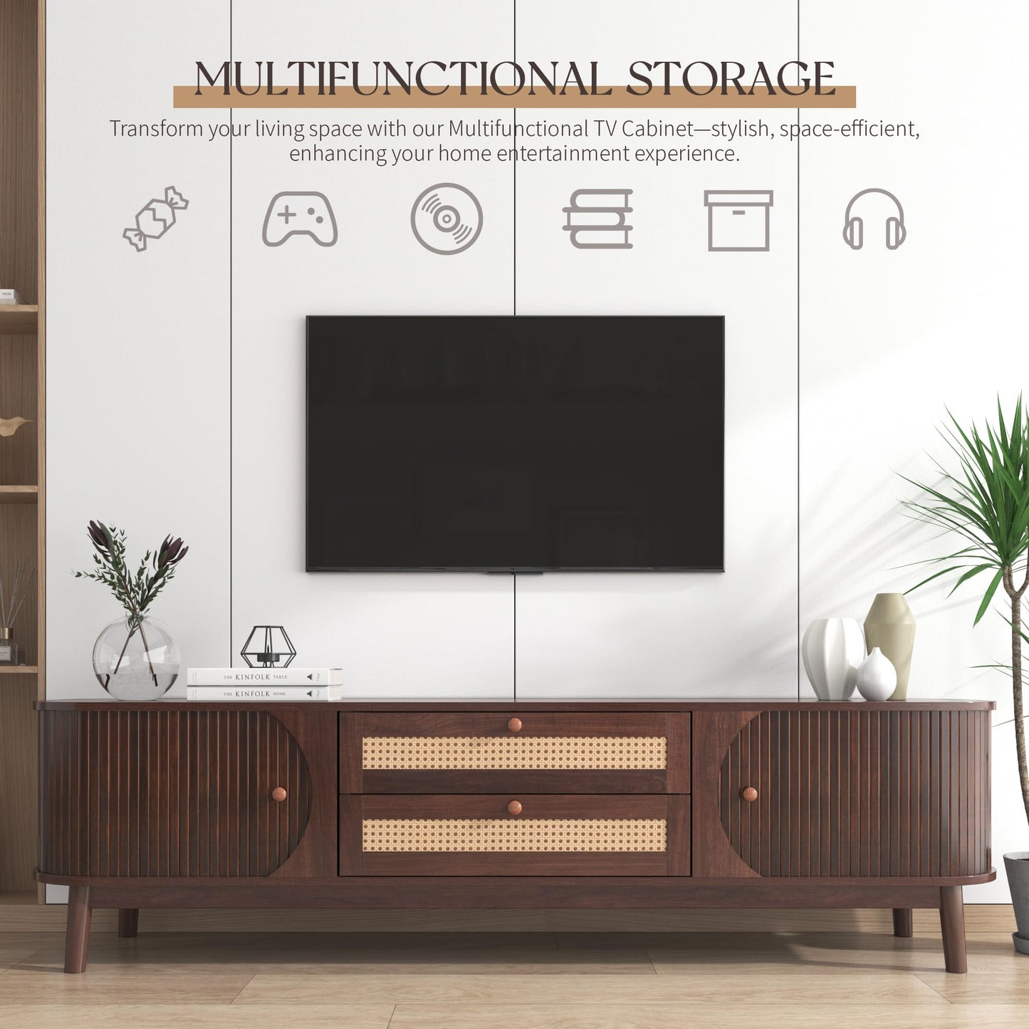 Merax Rattan TV Stand for TVs up to 75", Modern Farmhouse Media Console with Multi-Functional Storage, Boho Entertainment Center with Solid Wood Legs, Television Cabinet for Living Room, Natural+Brown