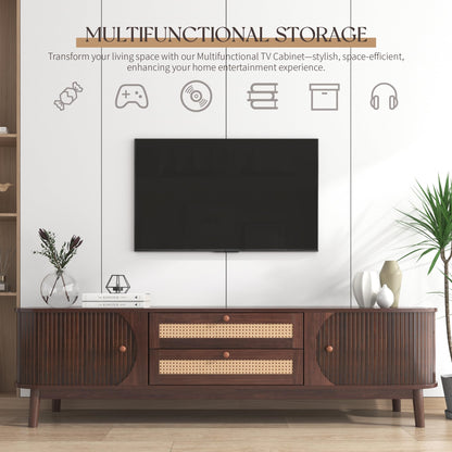 Merax Rattan TV Stand for TVs up to 75", Modern Farmhouse Media Console with Multi-Functional Storage, Boho Entertainment Center with Solid Wood Legs, Television Cabinet for Living Room, Natural+Brown