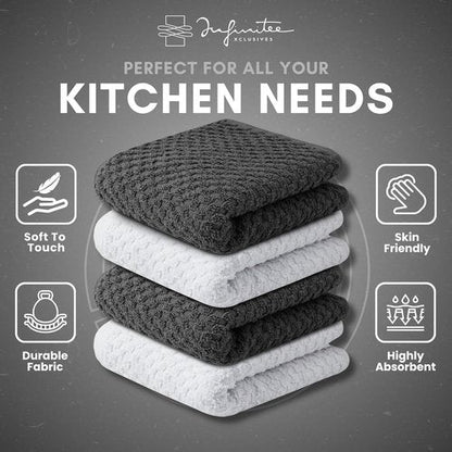 Infinitee Xclusives Premium Cotton Dish Cloths - Ultra Soft & Highly Absorbent | 12x12 Inches | Pack of 4 | Grey