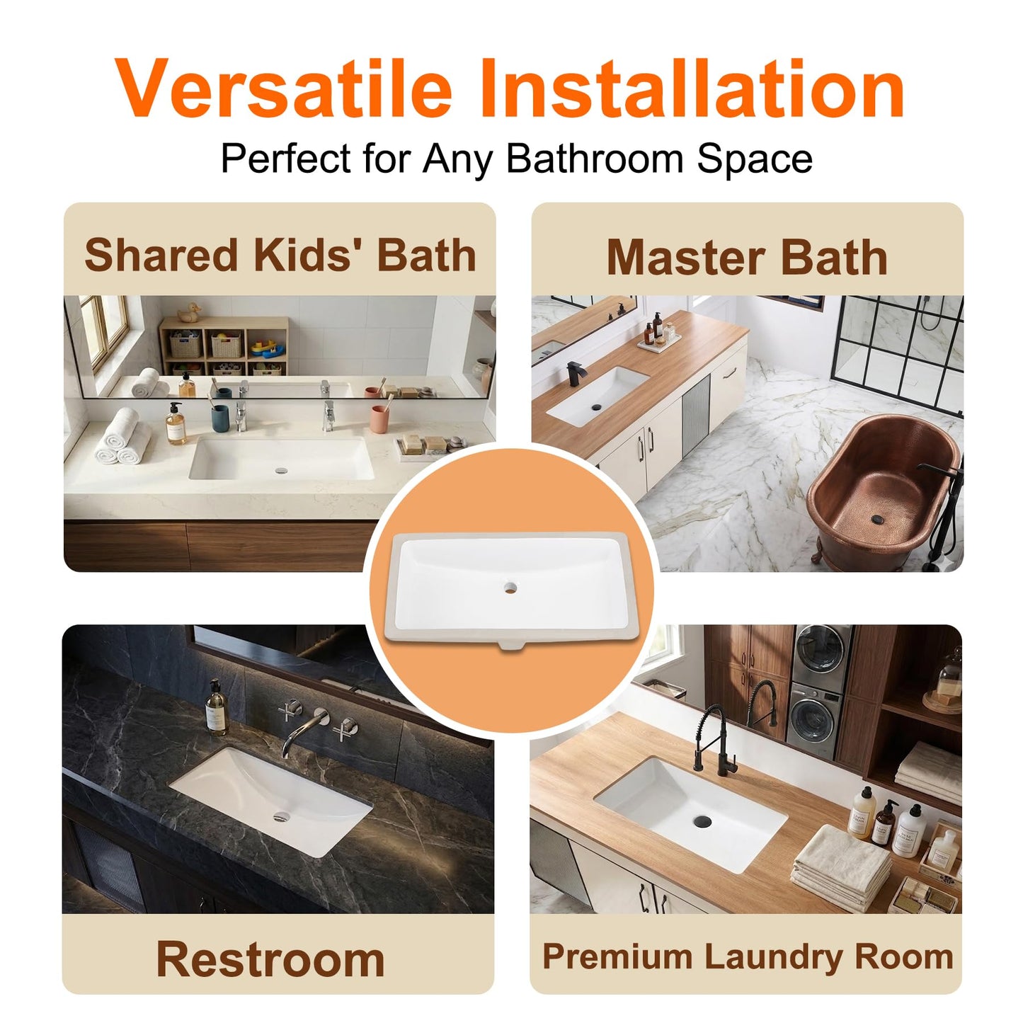 DEHOMEN 32 inch Undermount Bathroom Sink with Overflow for Shared Bathroom, Large Rectangular Single Bowl Vanity Basin For Modern Master Suite Double Faucet Setup, Porcelain Lavatory Vessel,White