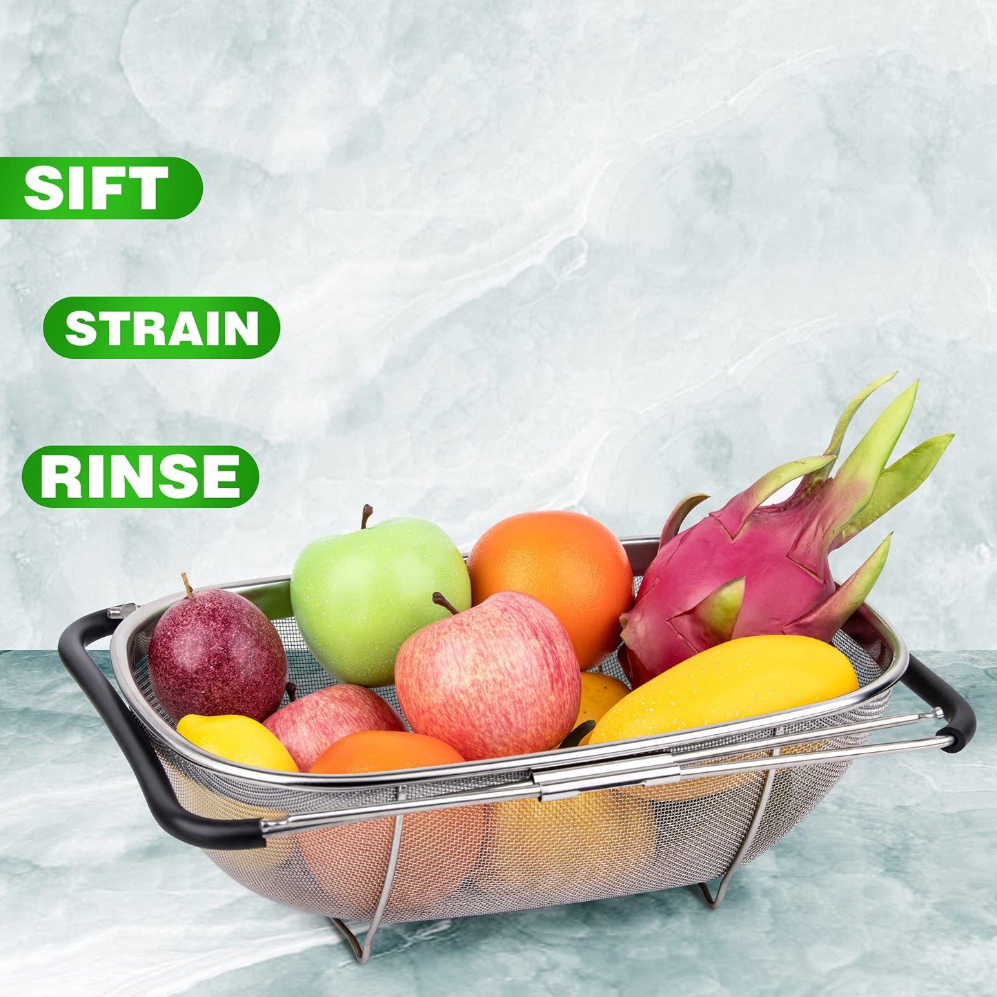 Tiawudi 6-Quart Large Over The Sink Colander, Heavy Duty 40% Thicker 18/8 Stainless Steel Fine Mesh Strainer Basket with Expandable Rubber Grip Handles - Strain, Drain, Rinse Fruits, Vegetables