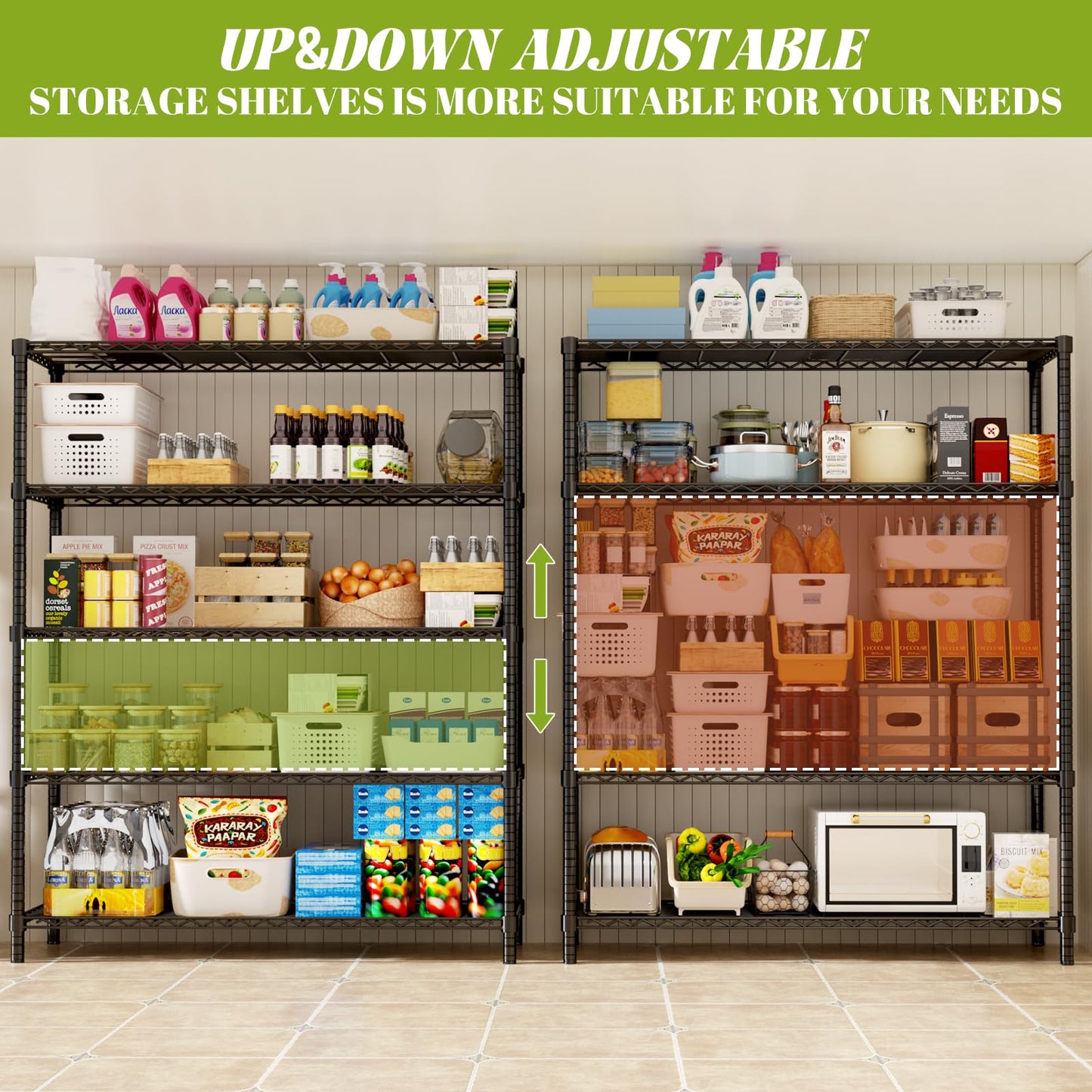 MODCART Storage Shelves, 2 PCS 48" L x 20" W x 72" H Heavy Duty Garage Wire Shelving Unit Loads 2000LBS, 5-Tier Adjustable Metal Industrial Utility Shelf Rack for Kitchen, Laundry Room, Basement