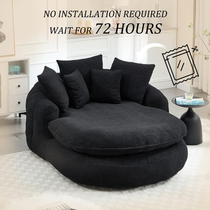 Oversized Oval Bean Bag Sofa, Chenille Fabric Floor Lounger with 5 Pillows and Wrap-Around Backrest for Adults, Large Lazy Sofa for Living Room and Game Room, Black