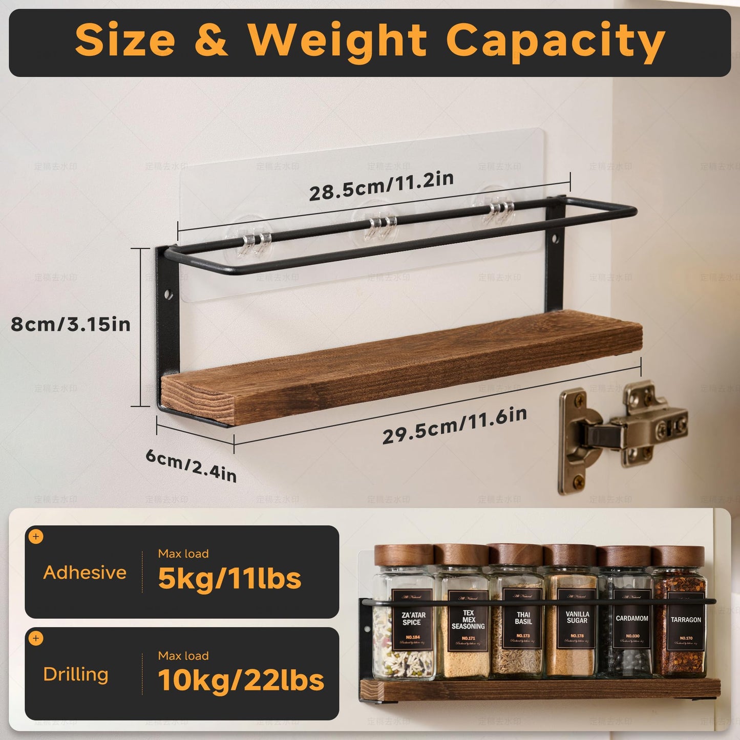 KitHero 4-Tier Wall Mount Spice Rack Organizer with 24 Glass Jars, 216 Labels & Funnel - Screw/Adhesive Mount, Black Metal & Wood Spice Storage for Kitchen Pantry Cabinet, 11.6”L x 2.4”W x 3.2”H