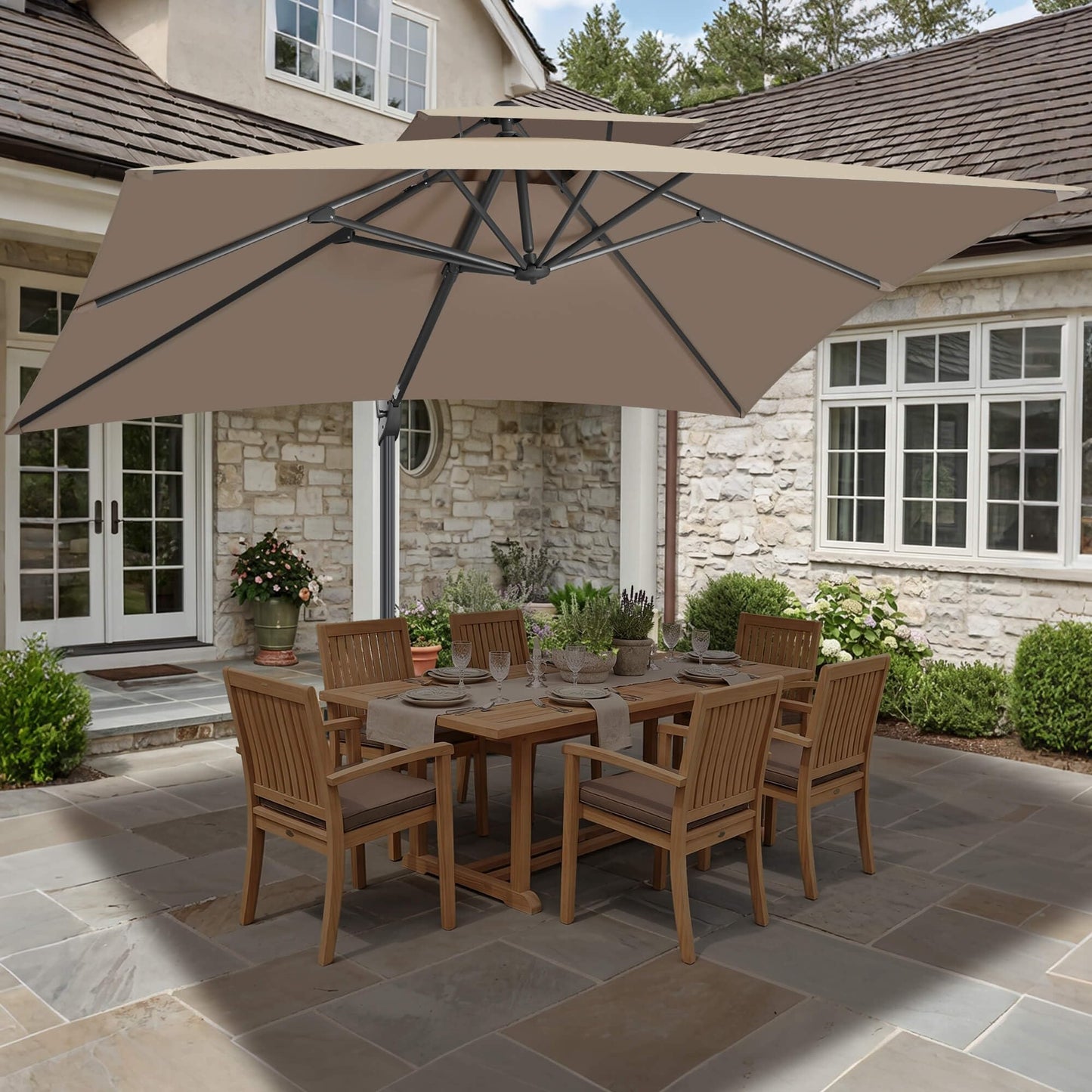 FLAME&SHADE 10 X 10 FT Cantilever Patio Umbrella - Large Square Offset Umbrella Outdoor Patio with 360-Degree Rotation and 3-Year Fade Resistance Fabric for Deck Pool Backyard Garden (Taupe)