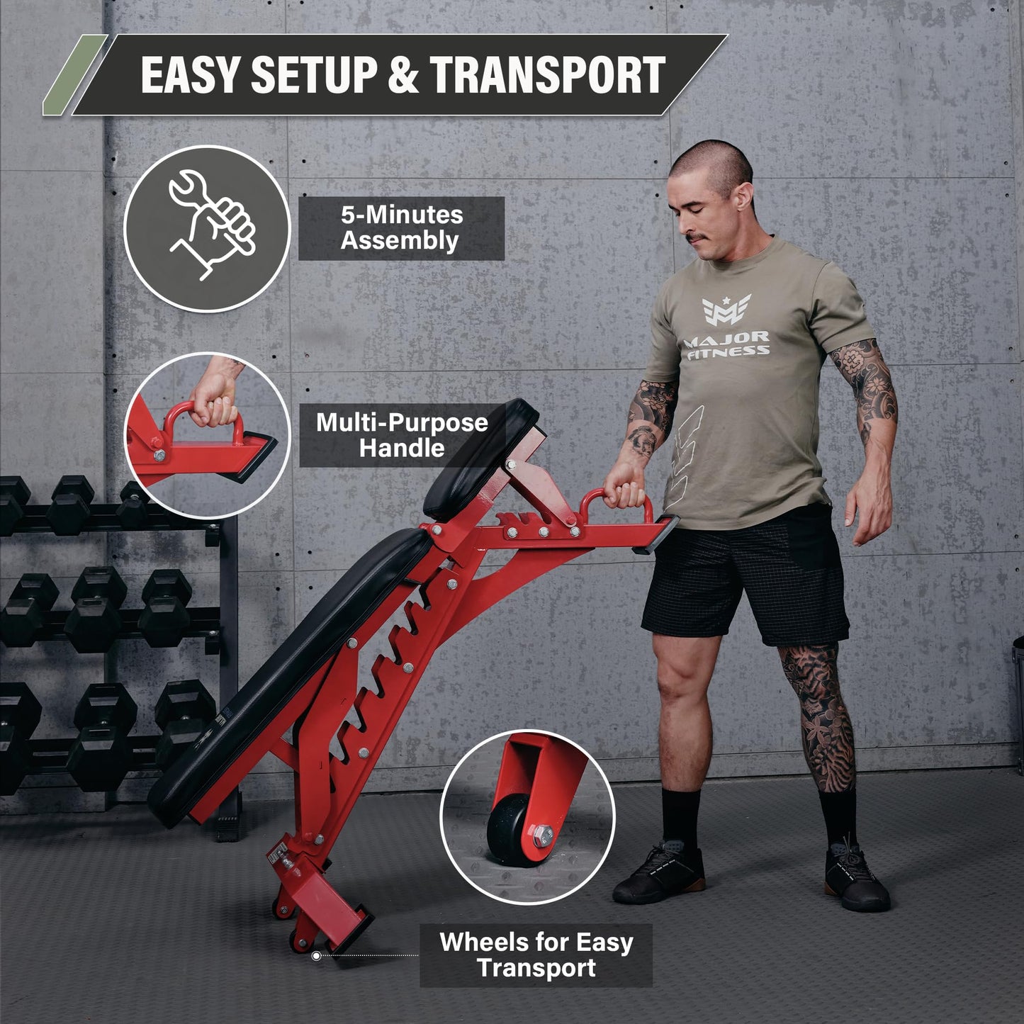 MAJOR FITNESS Adjustable Weight Bench (Elite Version) - 1300LB Capacity, 32 Positions for Strength Training, Bench Press, and Full-Body Workouts for Home or Garage Gym, Red
