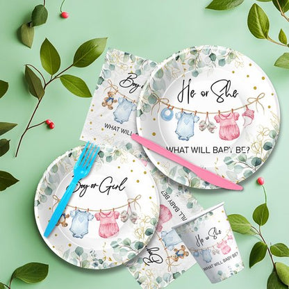 APOWBLS Gender Reveal Decorations, Greenery Baby Clothes Theme Boy or Girl Gender Reveal Baby Shower Party Supplies, He or She Paper Plates and Napkins Set, Cups, Disposable Cutlery, Serves 24