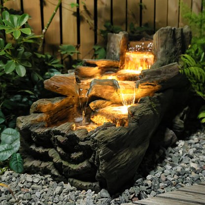 Sunlinua 34.5" L Garden Outdoor Water Fountain, Floor Standing Wood Imitation Resin Natural Waterfall Fountains with LED Lights for Patio, Porch, Home Art Decor