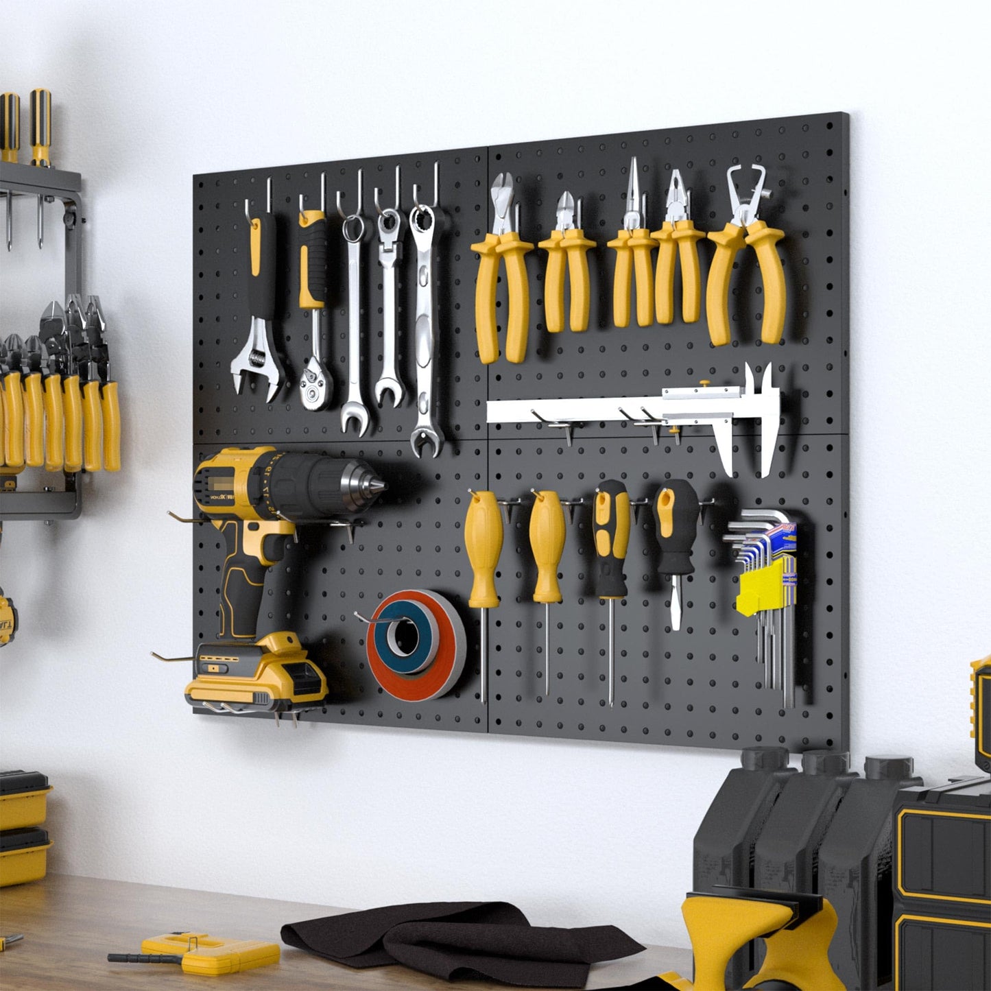 Spampur Peg Board, 4 Pack Metal Pegboard Panels with 50 Hooks, Black Pegboards Wall Organizer, Heavy Duty Peg Board for Walls Home, Garage Tool Storage, Office Organization, Craft Room, Kitchen