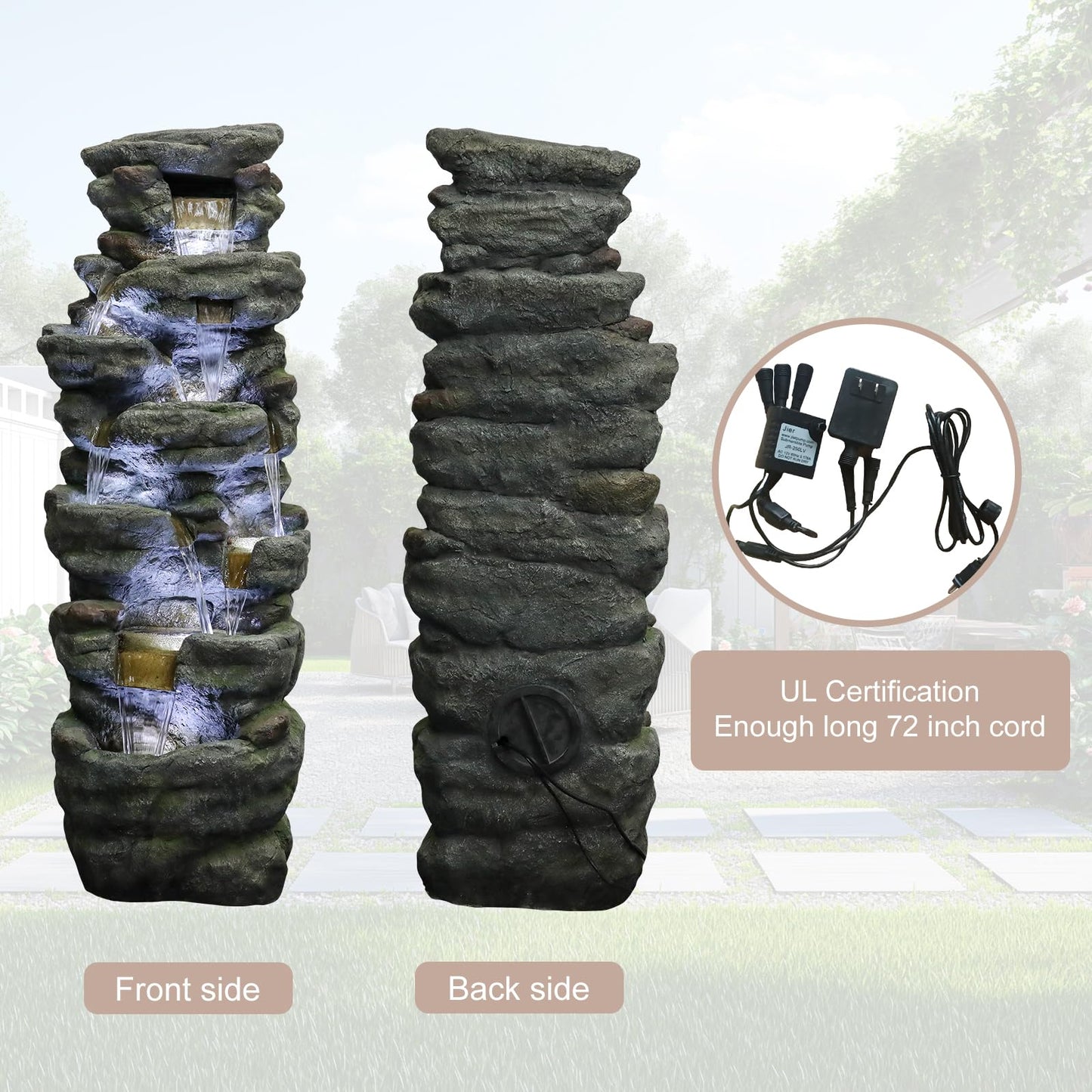 Naturefalls 51" Extra Large Outdoor Water Fountain - Waterfall Fountain with 7 LED Lights, 7-Tiers Cascading, Poly-Resin Indoor and Outdoor Fountain for Garden, Patio, Backyard, Lawn, Yard Decor