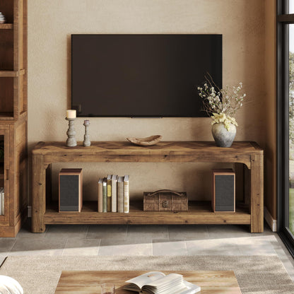 LITTLE TREE Solid Wood TV Stand with Open Storage Shelves, Farmhouse TV Stand for 65-Inch TV, Mid Century Modern TV Stand for Living Room, Bedroom - 63" Rustic Brown